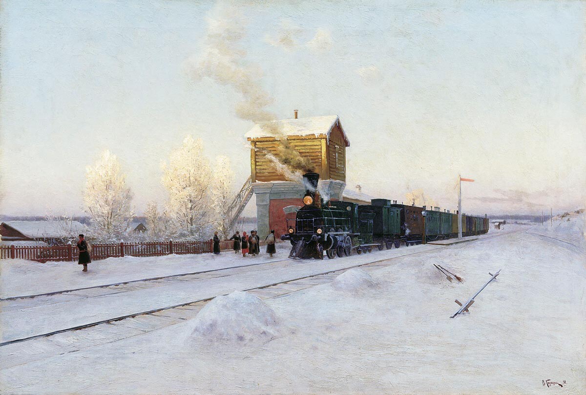 ウラジーミル・カザンツェフ『小駅にて、ウラル鉄道の冬の朝』（1891年）