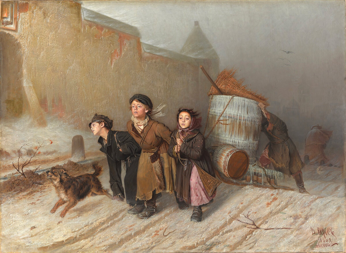 “Troika (menyeret tong air)” oleh Vassiliy Perov, 1866