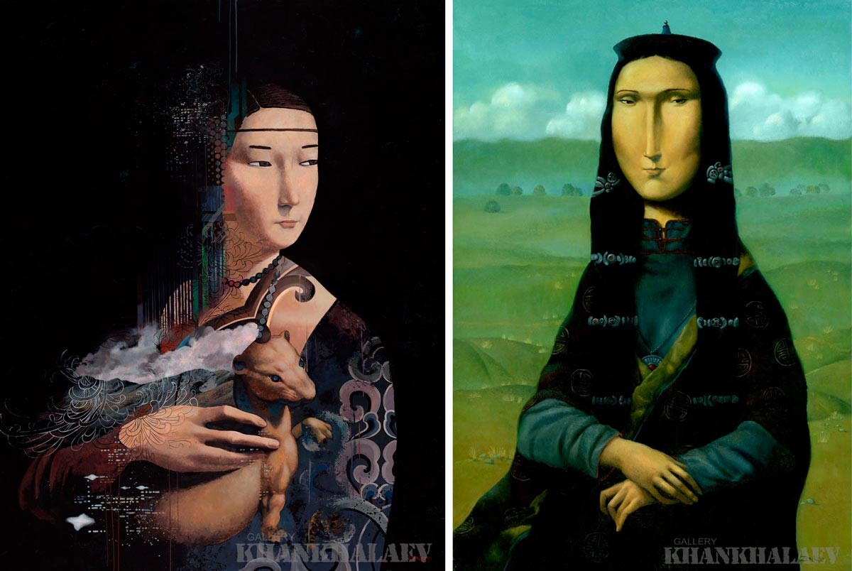 La Dama con l'Ermellino (rifacimento dell’opera di Da Vinci), a sinistra; Monna Lisa

