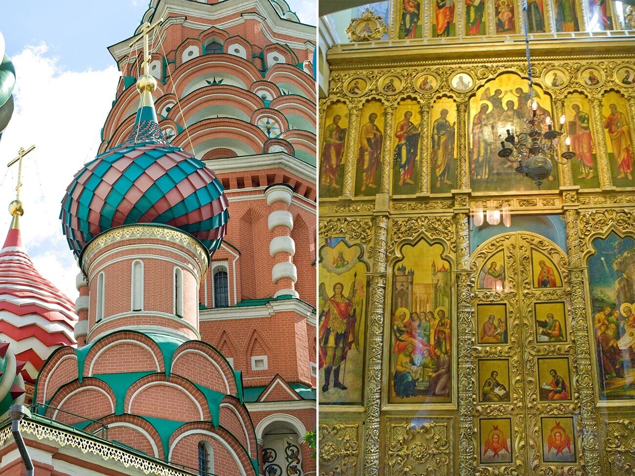 (вляво). Свети Василий, Църква на тримата прелати, изглед от североизток. (вдясно). Свети Василий, църква на тримата прелати. Иконостас. 