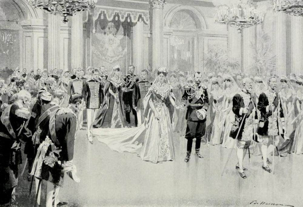 『宮廷舞踏会、舞踏会場で皇后をエスコートする皇帝』、1913年頃、フレデリック・デ・エネン作