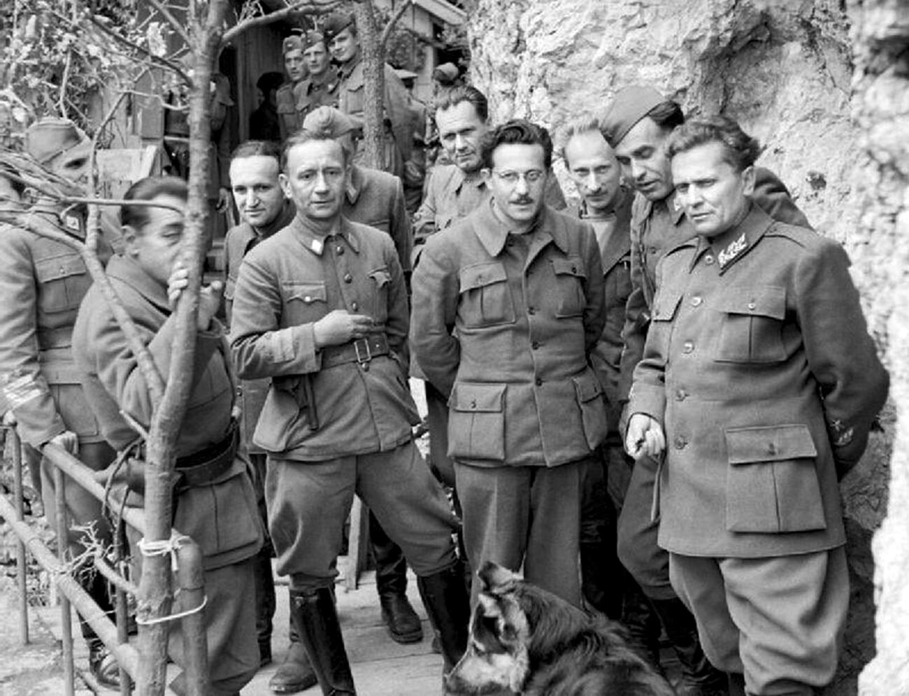  Йосип Броз Тито (първи отдясно) и неговите сътрудници в Дървар, 14 май 1944 година 