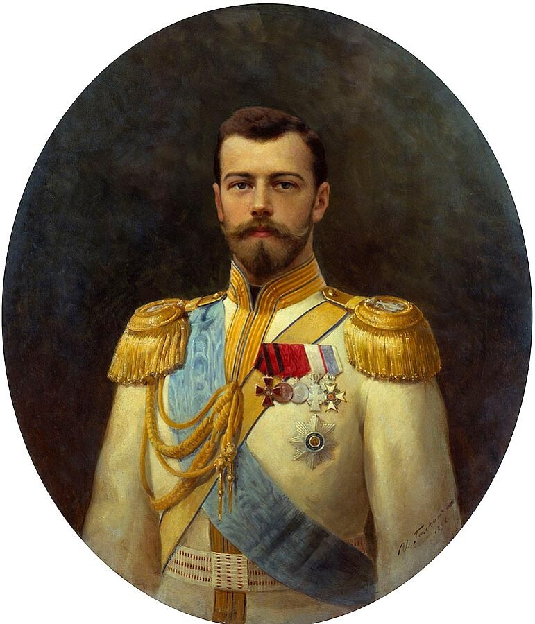 Iliá Galkin. El emperador Nicolás II con uniforme blanco con charreteras, 1898