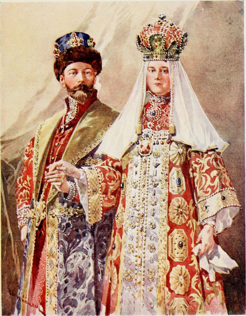 Frédéric de Haenen. El emperador Nicolás II y la emperatriz Alexandra Fiódorovna en traje antiguo, 1913
