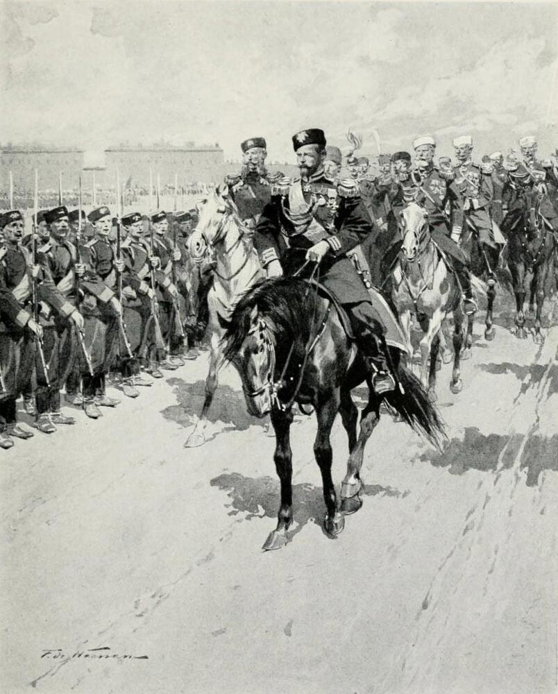 Frédéric de Haenen. El zar Nicolás II pasando revista a las tropas, hacia 1913