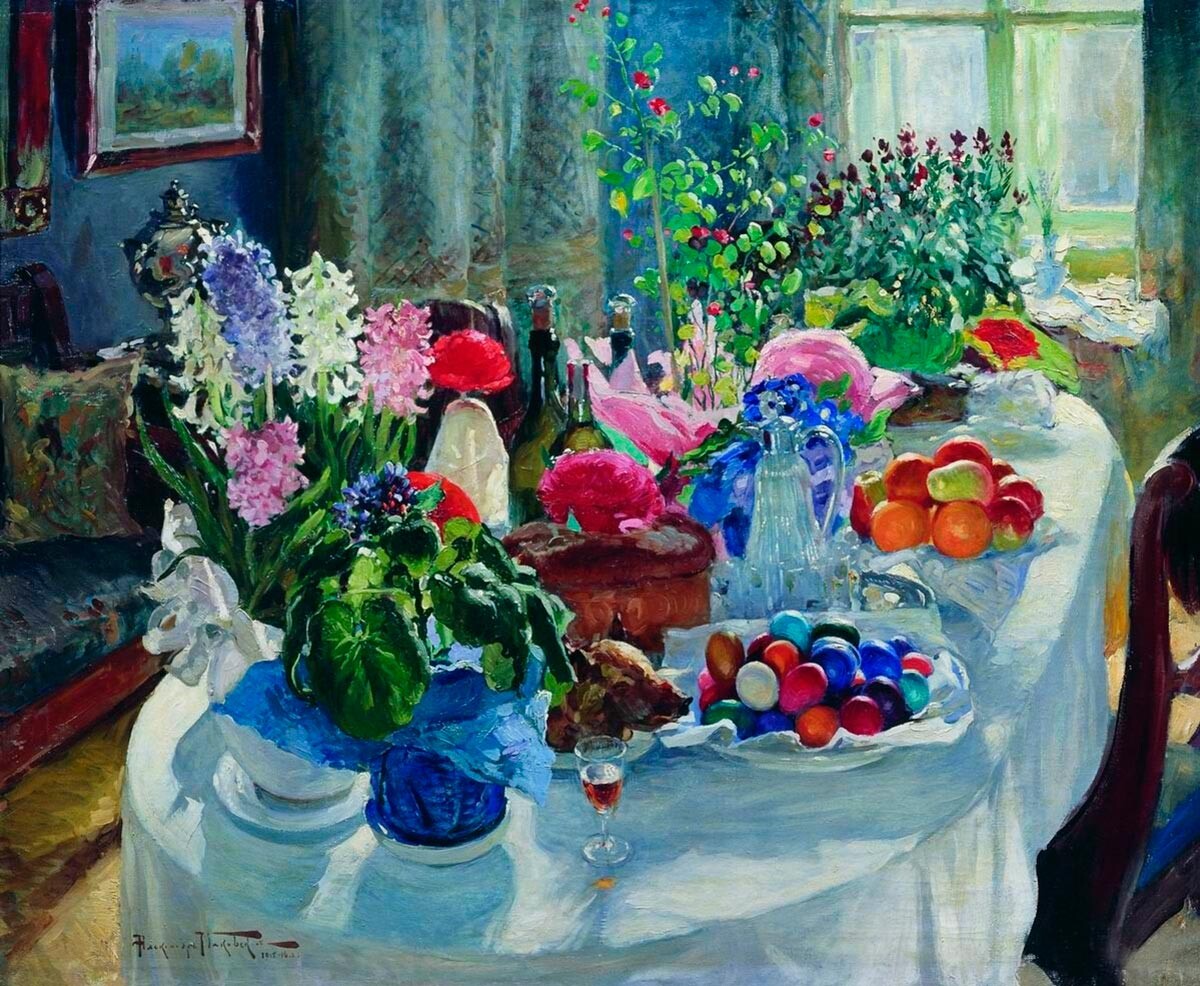 『復活祭のテーブル』A.マコフスキー画、1916年