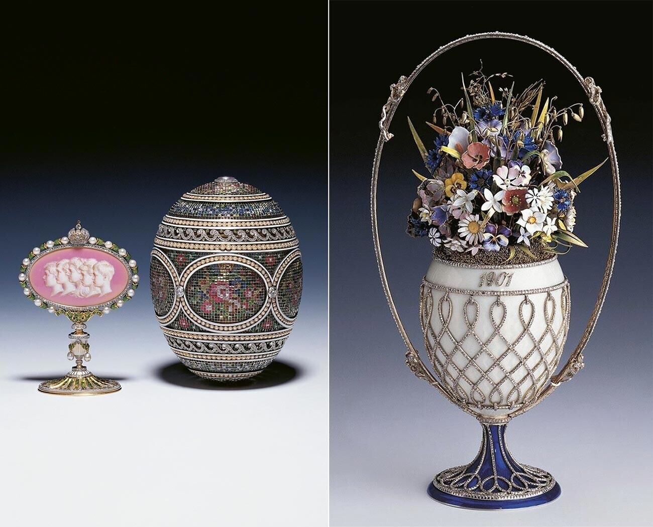 Велигденските јајца Фаберже „Мозаик“ и „Корпа полско цвеќе“ се продадени во триесеттите години од минатиот век на британското кралско семејство
