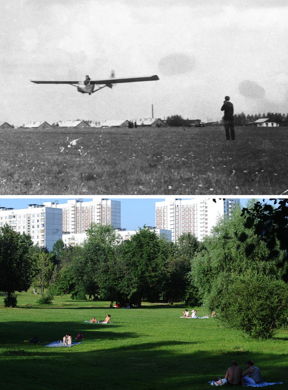 Esquerda: Aeródromo de Tchertanovo, meados de 1960; Direita: Parque em Tchertanovo, 2010