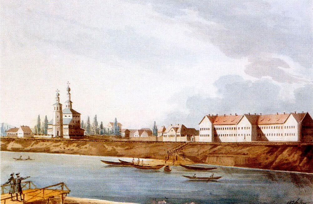 Pogled na mesto Arhangelsk. Del nabrežja s cerkvijo Svete Trojice. Slika ruskega slikarja V. Galjanina. 1826