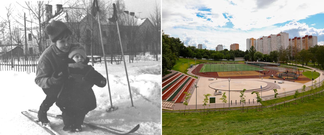 A sinistra: sugli sci, anni '60. A destra: un campo sportivo con nuovi edifici abitativi, 2020