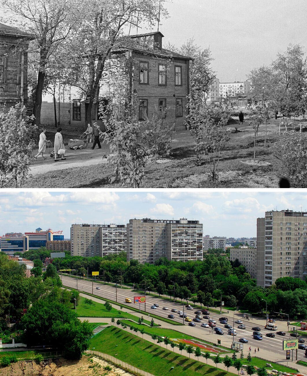 Levo: Stare hiše v Čerkizovu, 1964. Desno: Ulica Bolšaja Čerkizovskaja, 2009.
