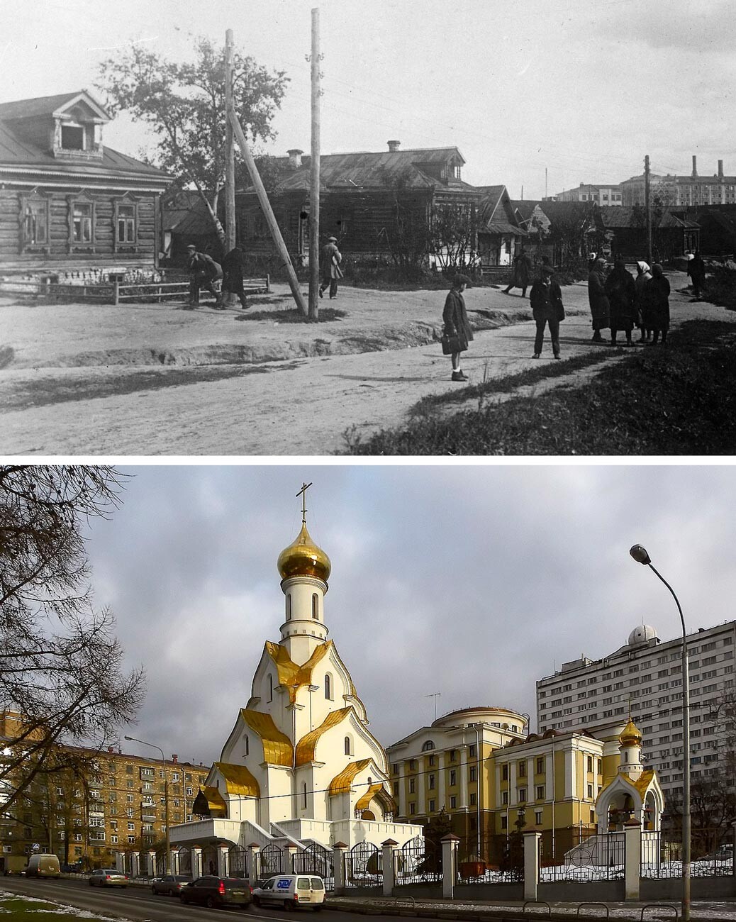 Atas: Desa Kozhukhovo pada 1951. Bawah: Gereja Alexksndr Nevsky di Kozhukhovo.