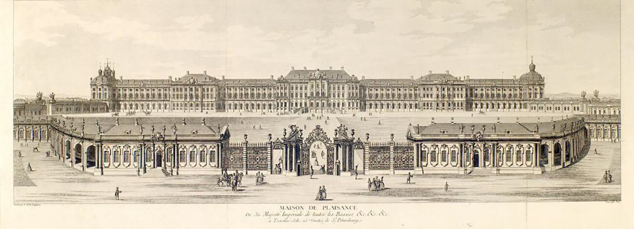 Grand palais de Tsarskoïé Selo en 1755-1761. Gravure selon le dessin de M. Makhaïev 