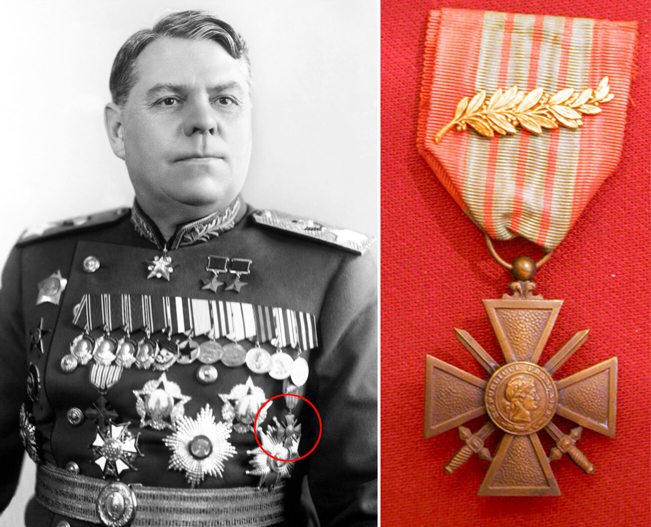 Слева: Маршал Советского Союза Александр Василевский. Справа: Военный крест (Франция).