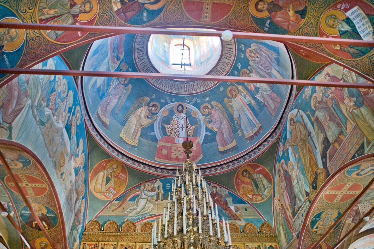 Optina Pustyn, Monastery of the Presentation. Church of the Vladimir Icon of the Virgin. Early 19th-century church demolished in Soviet period, rebuilt in late 1980s with early 21st-century wall paintings by monastery icon painters. August 23, 2014
