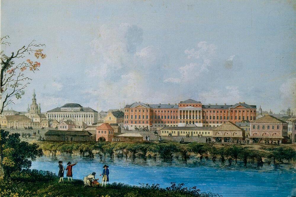 Akvarel neznanega avtorja. Moskovska univerza in reka Neglinnaja, levo cerkev Matere Božje 