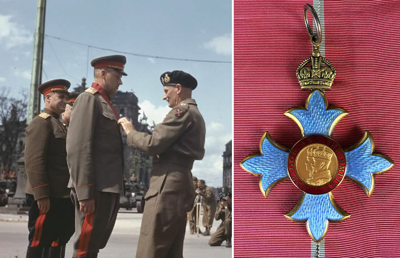 Marshal Rokossovsky is invested as a Knight Commander of the British Empire by the Field Marshal Sir Bernard Montgomery at the Brandenburg Gate in Berlin.