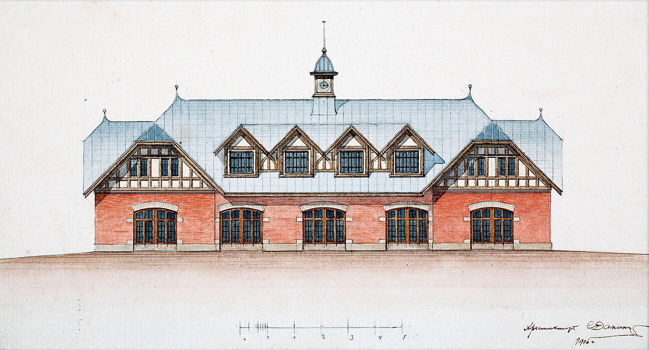 Проектот за гаражата во Царско село, архитект С. А. Данини, 1906.

