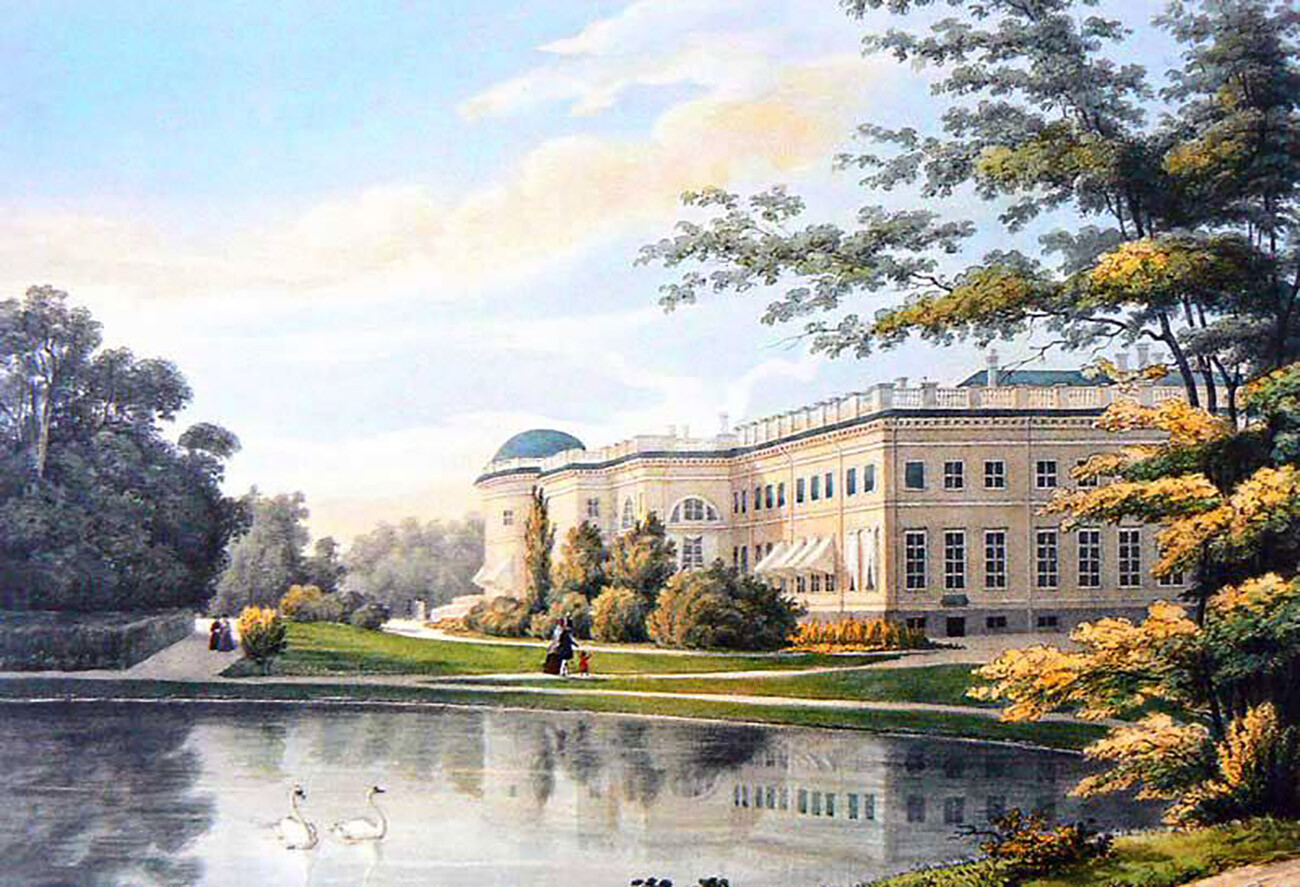 Die Gartenfassade des Alexanderpalastes in Zarskoje Selo, Kupferstich, 1840er Jahre.