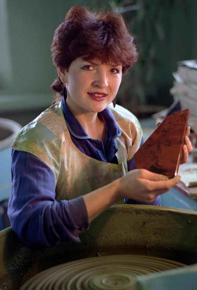 A worker at a Yakutian manufactory of charoite, 1990.