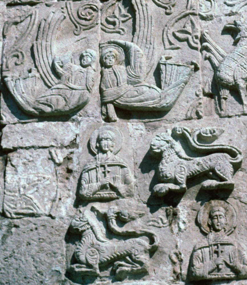 Cathedral of St. George. South facade, limestone carving. Martyred saints and heraldic lions. August 9, 1994