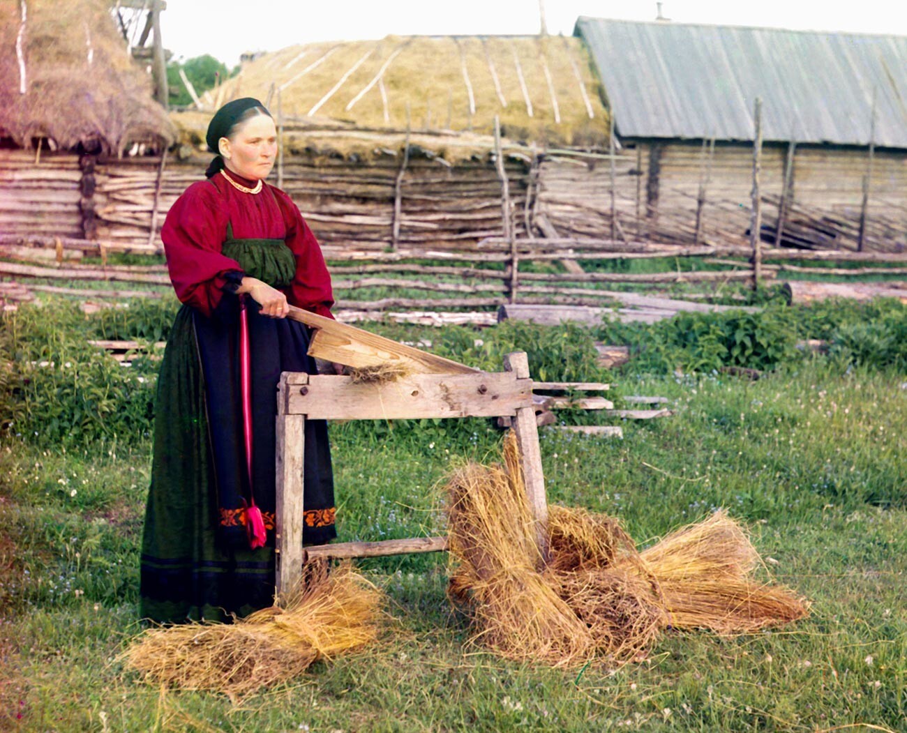 Seorang perempuan petani pemukulan linen, awal abad ke-20