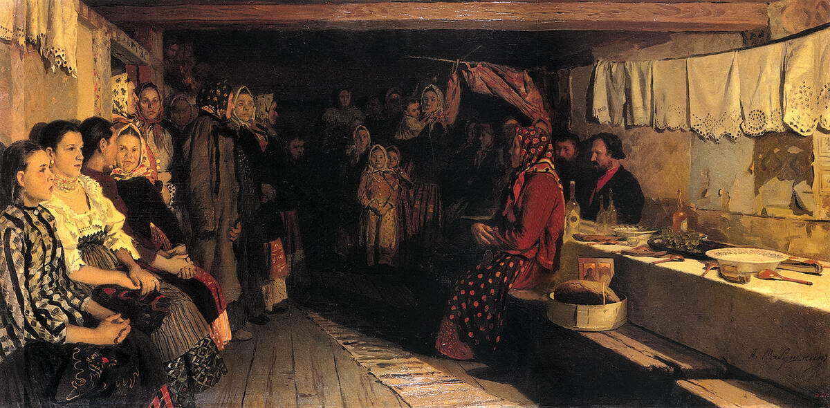 Andrei Ryabushkin. Waiting for the newlyweds to be crowned in Novgorod Province, 1891.