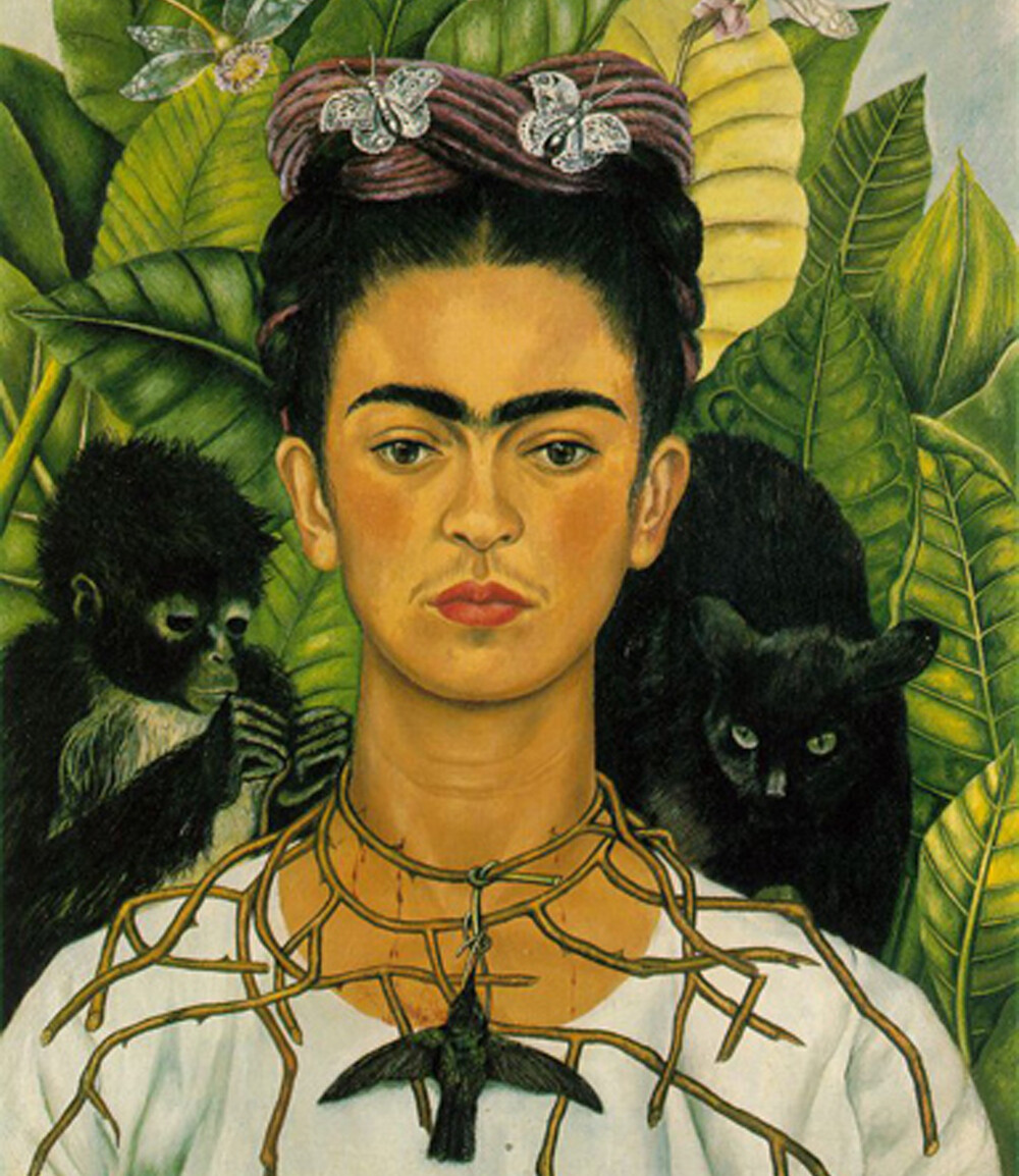 Autorretrato con collar de espinas y colibrí realizado por Frida Kahlo.