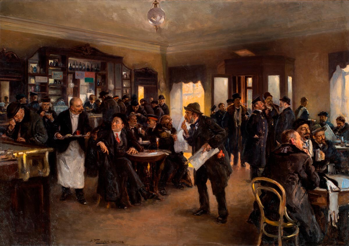 Vladímir Makovsky. En un restaurante, 1914