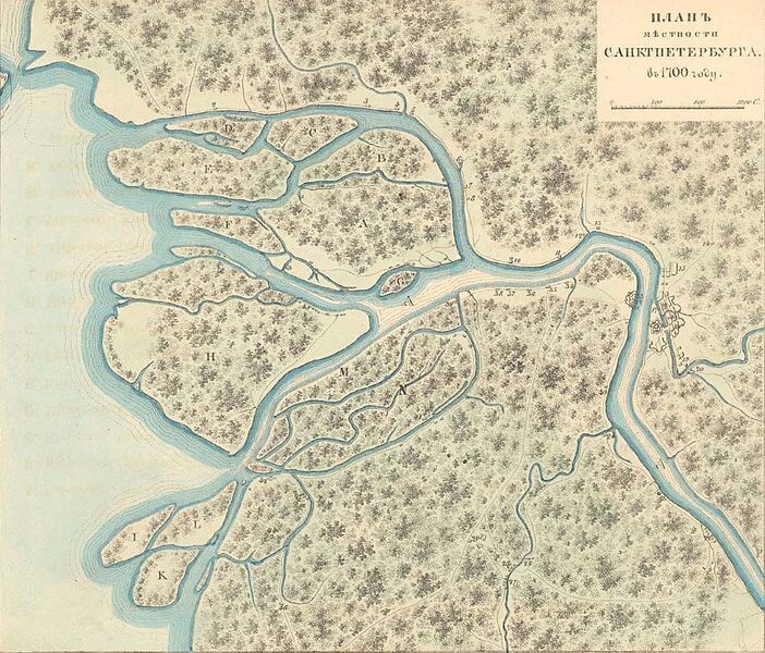 Plano de 1700 que muestra los terrenos donde se levantó San Petersburgo.