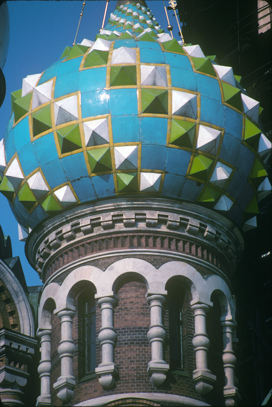 Cathedral of the Resurrection. Southwest dome with enameled decoration. March 28, 1991