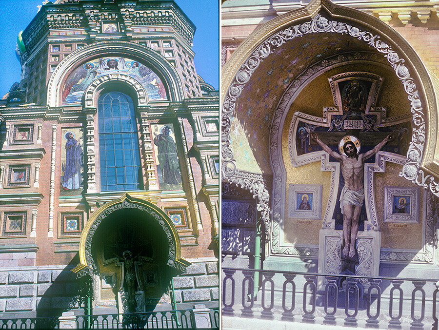 Left: West facade, bell tower. Mosaic panels of Virgin Mary & St. John designed by M. V. Nesterov above crucifix on the site of Alexander II's assasination. May 25, 2003. Right: