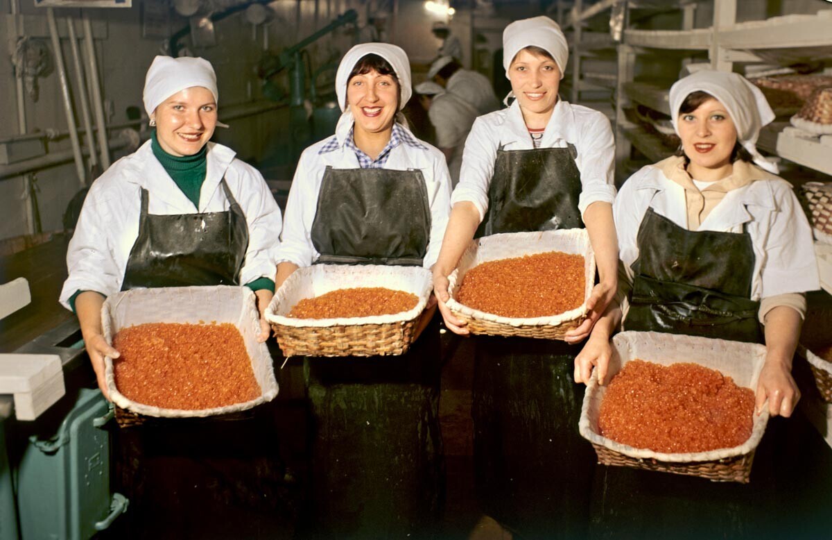 Fábrica soviética de processamento de peixe na região de Khabarovsk, 1982.