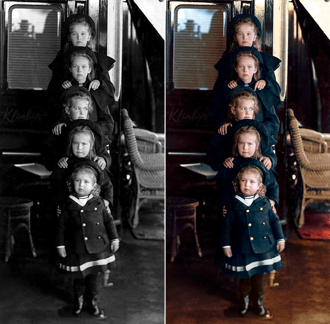 Par ordre d'âge Olga, Tatiana, Maria, Anastasia et Alexis.