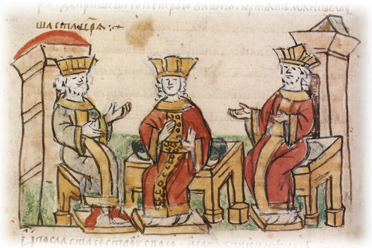 Basilio II y Constantino VIII convenciendo a Ana para que se case con Vladímir de Kiev. Ilustración de la Crónica de Radzivill, siglo XV