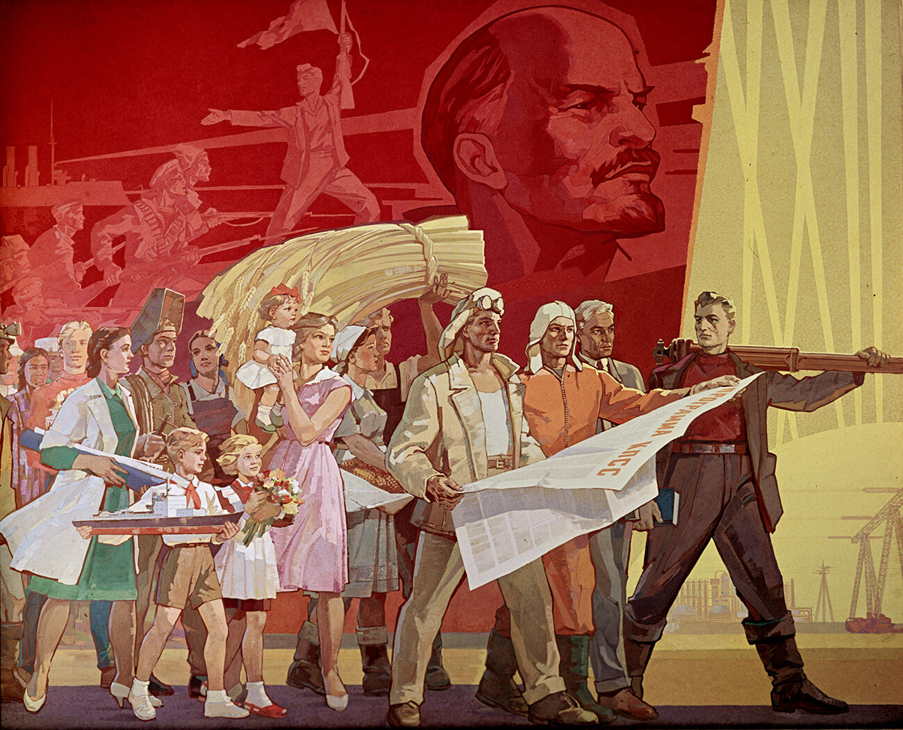 Poster “Pembangun Komunisme” ciptaan Korentsov, Merkulov, dan Burakov.