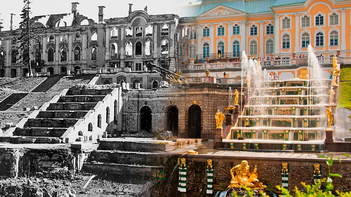 Colagem mostra o Grande Palácio Peterhof após a ocupação nazista e após a restauração