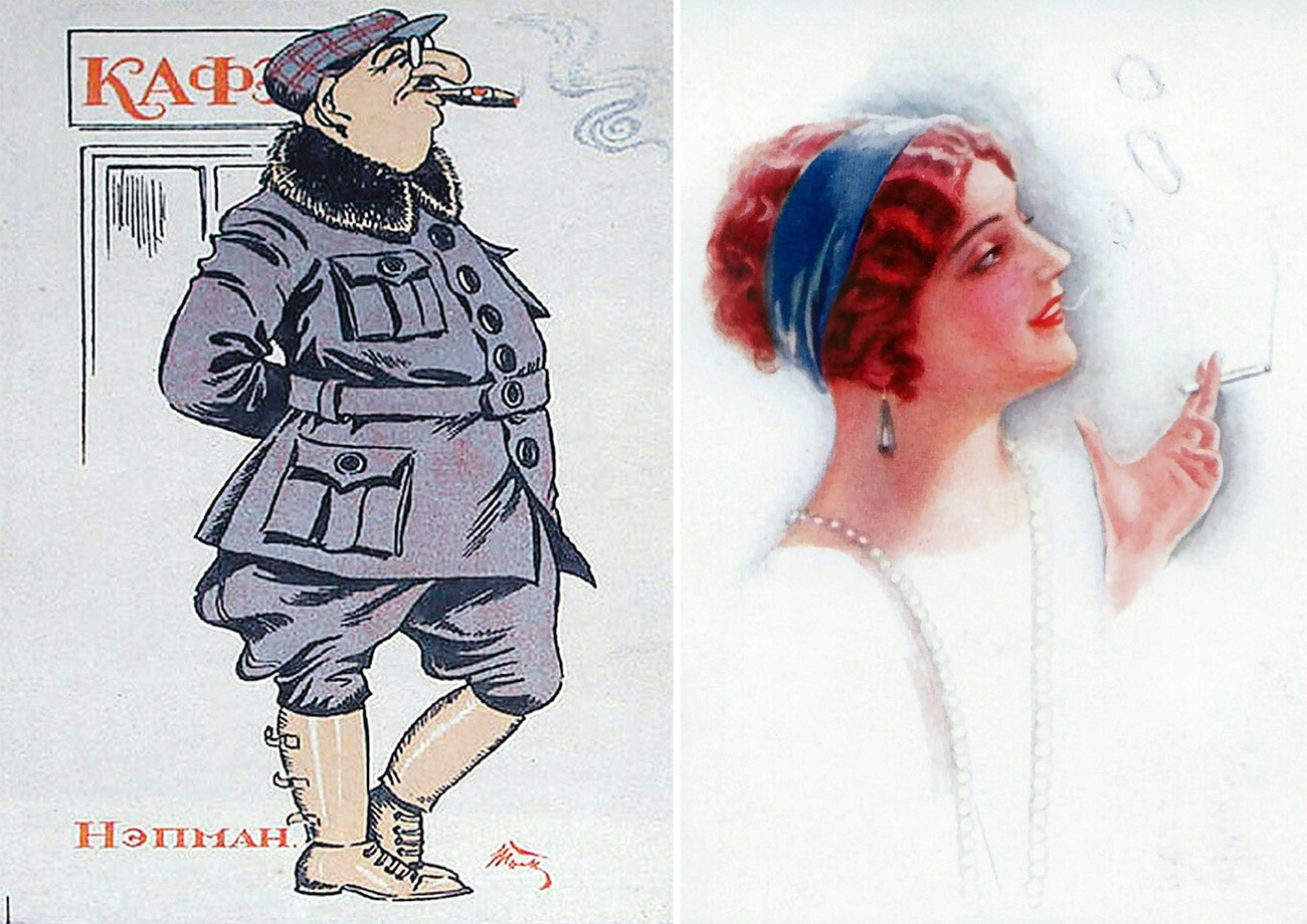 Karikatur eines NEP-Mannes (links), eine Postkarte aus der NEP-Zeit (rechts).