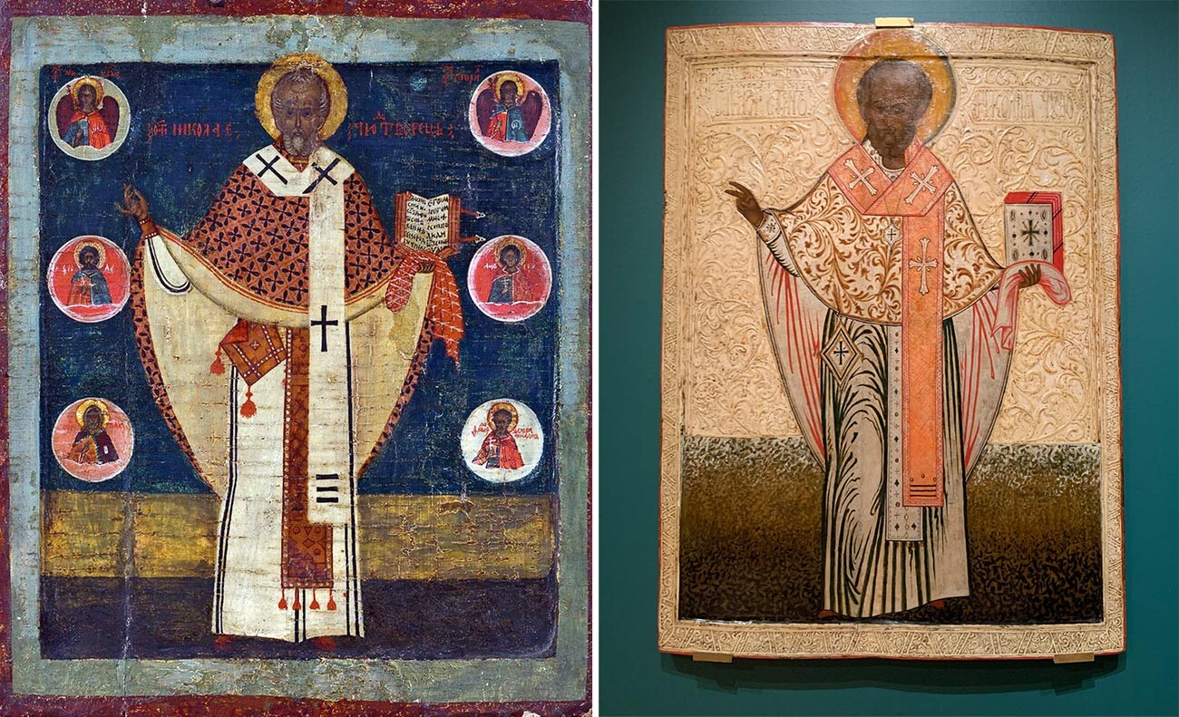 Left: Nikola Zaraysky (St. Nicholas of Zaraysk). Second half of the 16th century. (Tretyakov Gallery). Right: Nikola Zaraysky. 17th century. Volga Region (Collection of Russian Icons with the support of the Apostle Andrew Foundation)