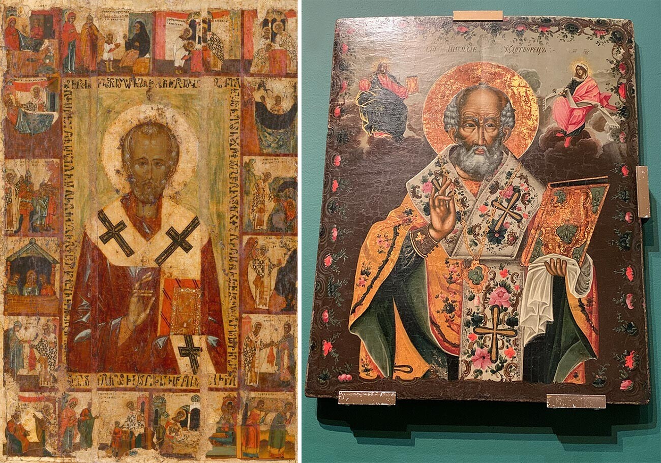 À esquerda, São Nicolau, o Maravilhoso, com hagiografia. Do final do século 14. Rostov // À direita, São Nicolau, o Maravilhoso. Segunda metade do século 18. Moscou (Galeria Tretyakov)
