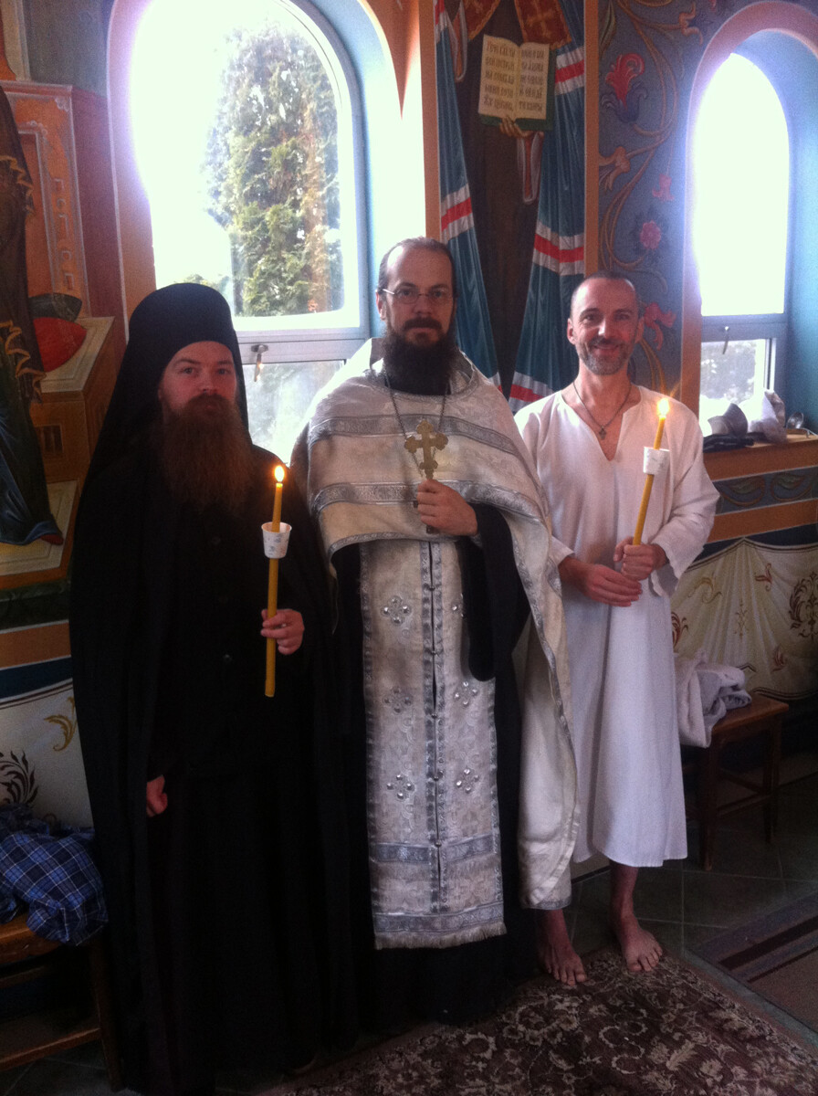 Russian Orthodox Church Baptism at Holy Trinity Monastery in Jordanville, New York with a Hieromonk and Assistant Dean of Students at the seminary school and an instructor at the seminary school and priest at Holy Trinity Monastery.