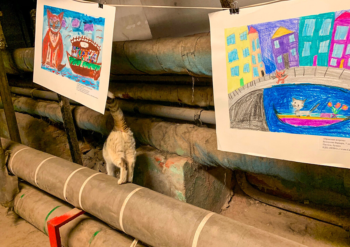 Во время Дня эрмитажного кота также проводится конкурс рисунка. Лучшие работы потом можно увидеть на импровизированной выставке прямо в подвале.