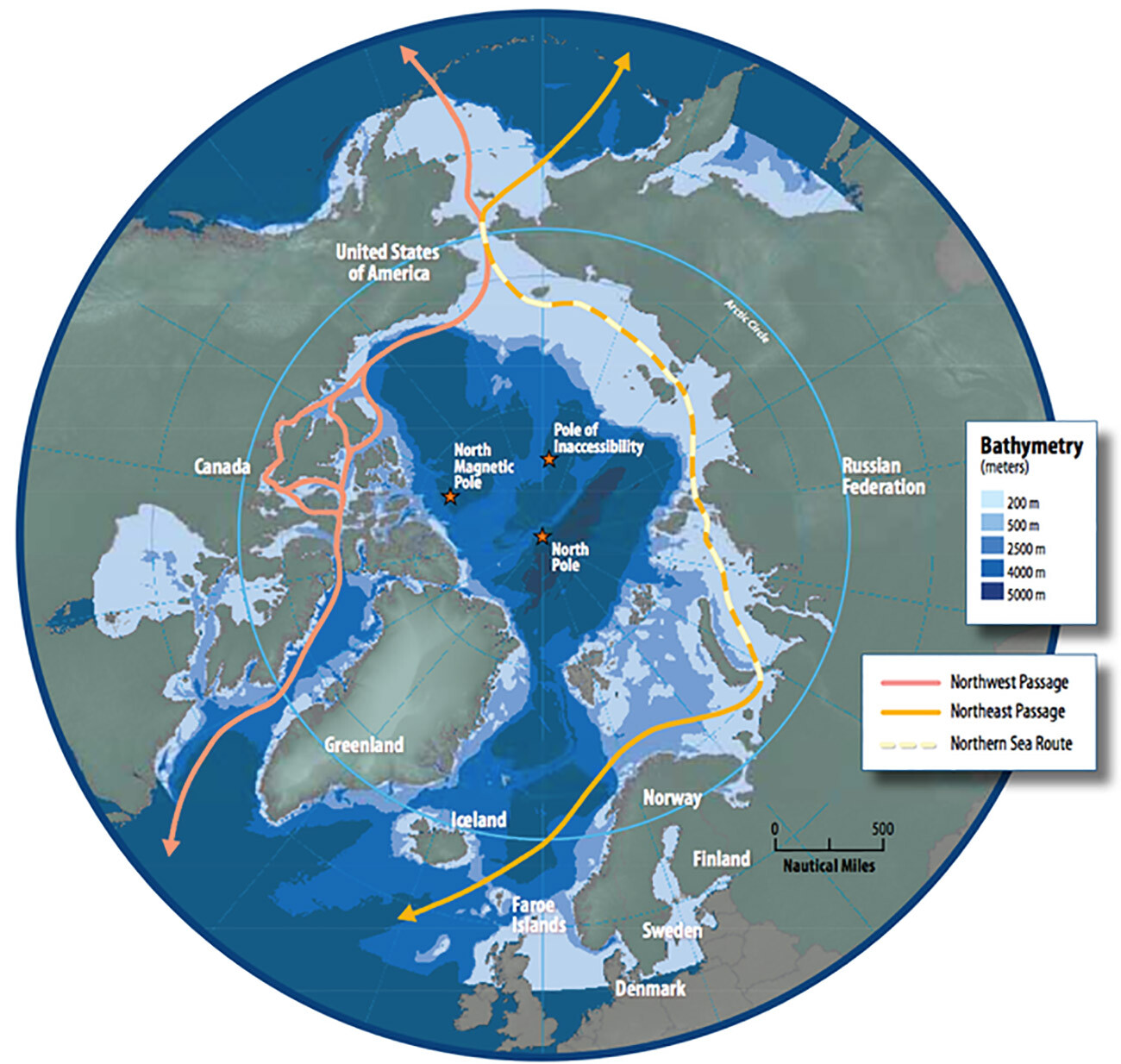  Карта на Арктическия район, показваща корабните пътища на Североизточния проход, Северния морски път и Северозападния проход 