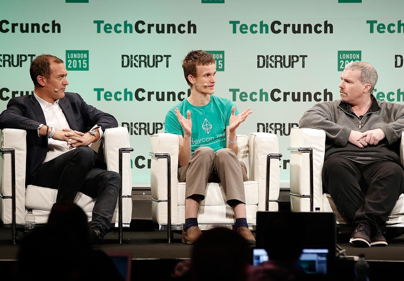 Steve Waterhouse, Vitalik Buterin in Austin Hill med dogodkom TechCrunch Disrupt London 2015.