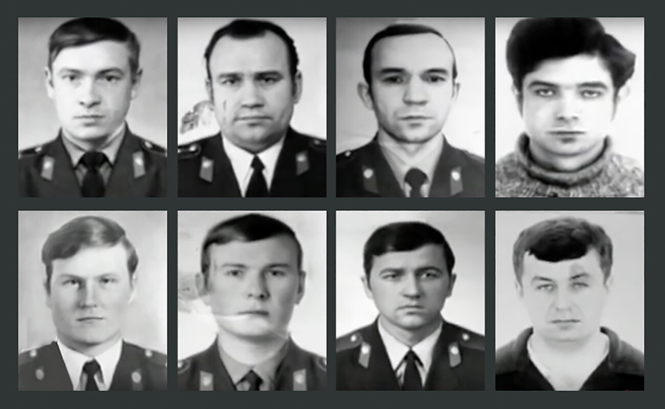Arriba: A. Télyshev, B. Baríshev, N. Lóbanov, V. Piksáiev, abajo: N. Vozulia, A. Popov, N. Rassojin, A. Salátov