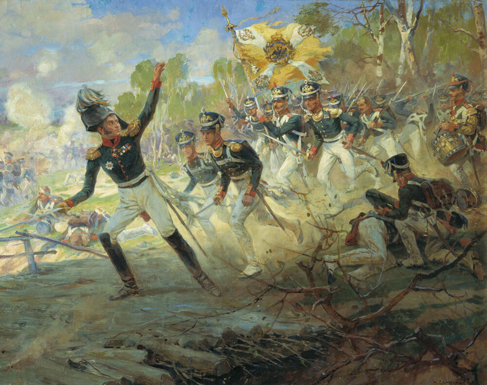 General Rayevski leading his men into combat at the battle of Saltanovka.