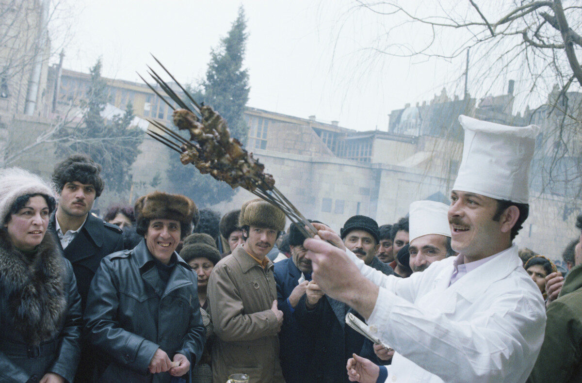 Cooking shashlik outside, 1984.