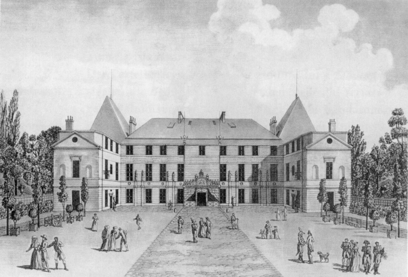 Das Schloss Malmaison bei Rueuil, westlich von Paris auf einer Radierung des 19. Jahrhunderts. Wohnsitz Napoleon Bonapartes und seiner Frau Joséphine de Beauharnais während des Konsulats, 1800–1802 zusammen mit den Tuilerien Regierungssitz. 
