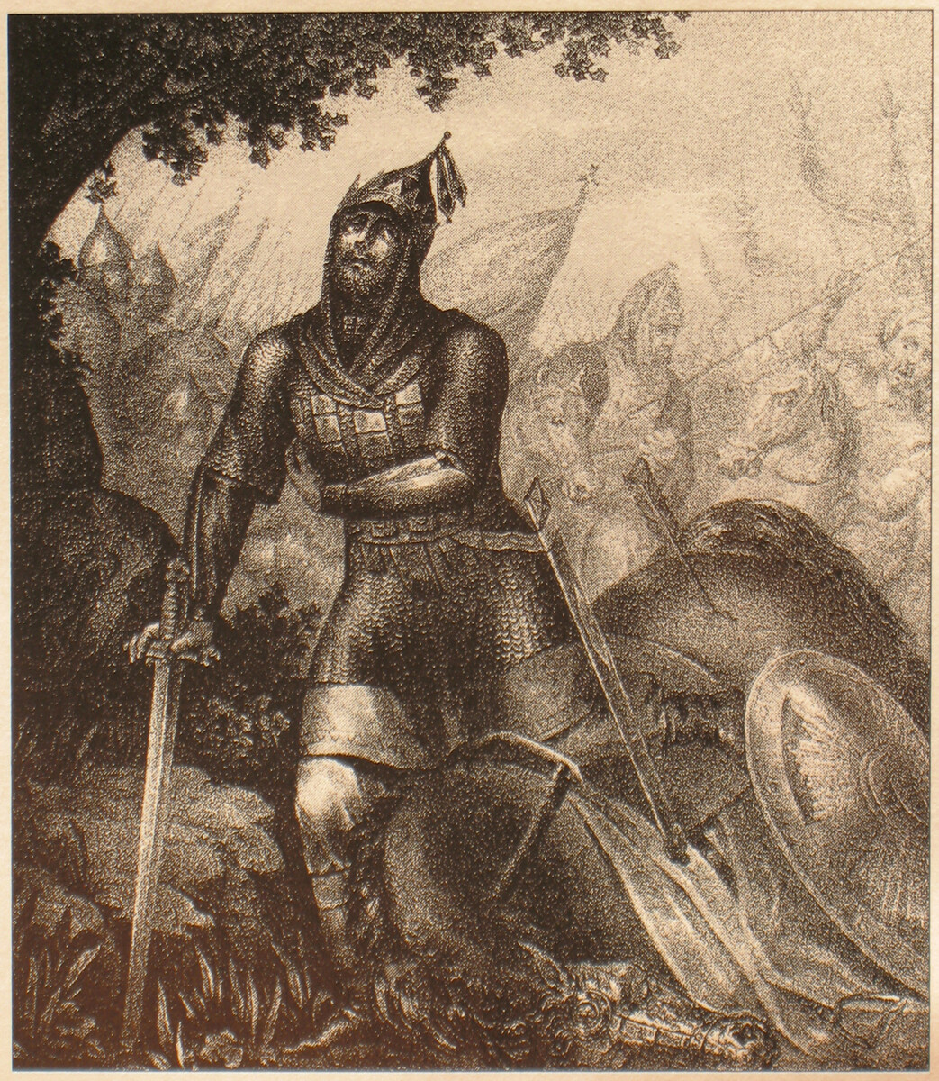 Ranjeni Dmitrij Donski nakon bitke s Mamajem na Kulikovskom polju, gravura 19. st., Boris Čorikov 
