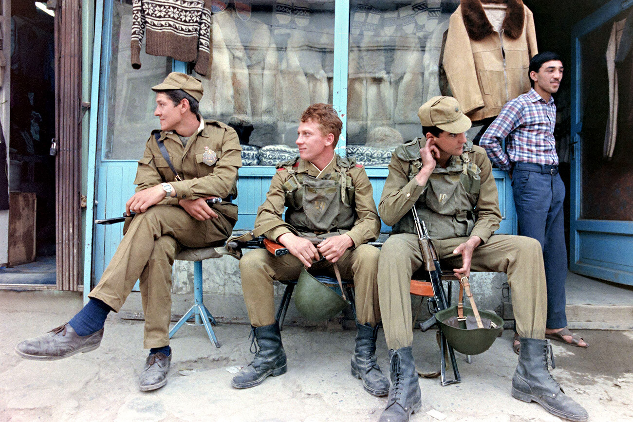 Russian Military Police Relax During A Patrol Along Koch-E Murgha Or Chicken Street In The Shahr-E Naw Neighborhood May 12, 1988 In Kabul, Afghanistan.